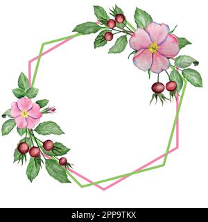 Watercolor set of illustrations with rose hip flowers, leaves and berries. Wedding invitation floral decorations. Stock Vector