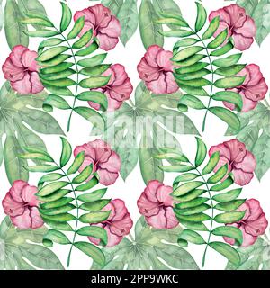 Watercolor vector set of tropical plants and flowers illustrations. Exotic decorations. Stock Vector