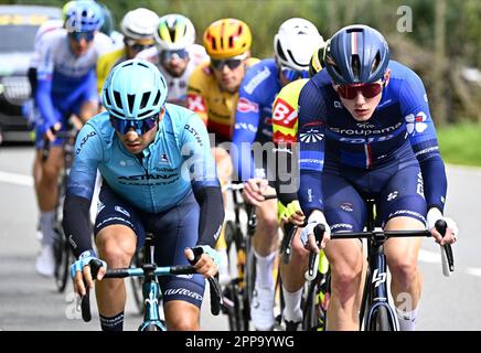 Liege, Belgium. 23rd Apr, 2023. Italian Simone Velasco of Astana Qazaqstan and Dutch Lars van den Berg of Groupama-FDJ pictured in action during the men elite race of the Liege-Bastogne-Liege one day cycling event, 258,5km from Liege, over Bastogne to Liege, Sunday 23 April 2023. BELGA PHOTO JASPER JACOBS Credit: Belga News Agency/Alamy Live News Stock Photo