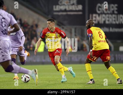 President Joseph Oughourlian of RC Lens pictured celebrating with Florian  Sotoca (7) of RC Lens and Seko Fofana (8) of RC Lens after winning a soccer  game between t Racing Club de