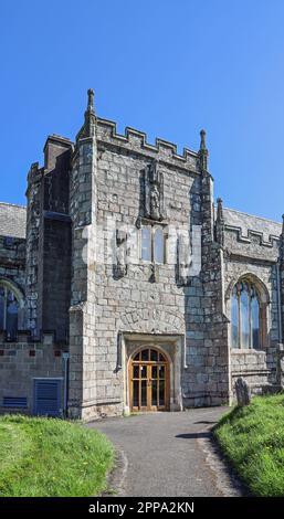 Upright image of the South Portch of the Parish Church of St Mary the blessed virgin in Plympton. Devon. Stode Family Crest and three parvise with rel Stock Photo