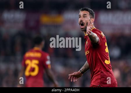 Leonardo Spinazzola of AS Roma gestures during the UEFA Europa League Quarter-Final second leg match between AS Roma and Feyenoord Rotterdam at Stadio Olimpico, Rome, Italy on 20 April 2023. Photo by Giuseppe Maffia. Stock Photo