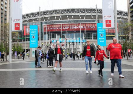 Fans start to gather ahead of the Emirates FA Cup Semi-Final match Brighton and Hove Albion vs Manchester United at Wembley Stadium, London, United Kingdom, 23rd April 2023  (Photo by Conor Molloy/News Images) Stock Photo