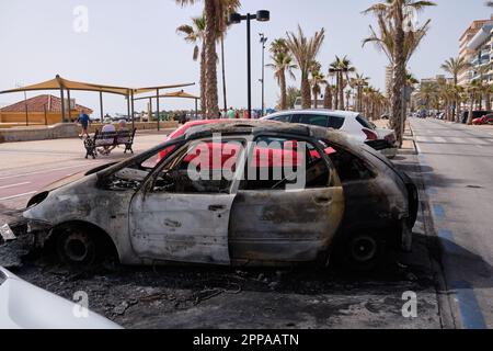 Burned car in Fuengirola, Málaga, Spain. Stock Photo