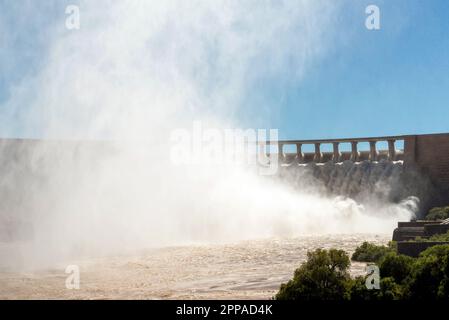 The Gariep Dam overflowing. The dam is the largest in South Africa. It is in the Orange River on the border between the Free State and Eastern Cape Pr Stock Photo