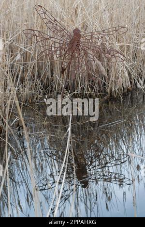 Sculpture of Dragonfly mirrored by reflection in water, Royal Society for Protection of Birds (RSPB) Reserve, Rainham Marshes 12th March 2023 Stock Photo