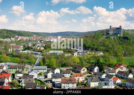 Aerial view over the city of Eichstaett (Bavaria) (Germany) in the Altmuehltal valley Stock Photo
