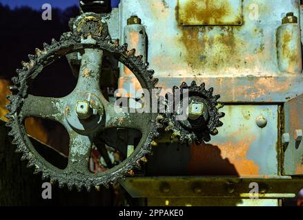 Vintage oily and rusty illuminated cogwheel at night Stock Photo