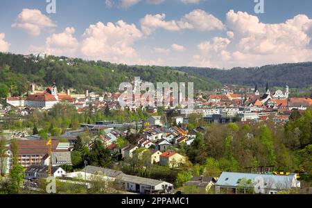 Aerial view over the city of Eichstaett (Bavaria) (Germany) in the Altmuehltal valley Stock Photo