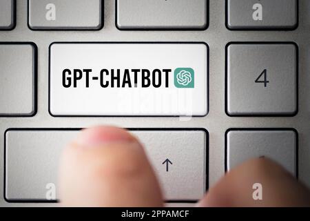 GPT Chatbot on the keyboard button. Chat with AI or Artificial Intelligence. chatbot developed by Open AI. A new neural network. Barnaul. Russia March Stock Photo
