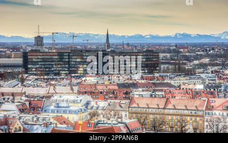 MUNICH, GERMANY - APRIL 4: Aerial view over the city of Munich, Germany on April 4, 2018. Crowds of people are at the square Stock Photo