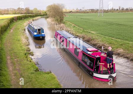 Elektra, a solar powered canal barge as it passed up the Ashby Canal close to Nuneaton in Warwickshire Stock Photo