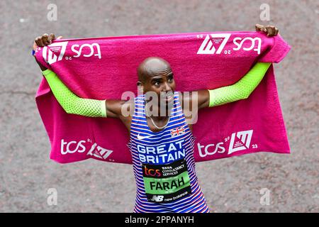 London, UK. 23rd Apr, 2023. TCS 2023 London Marathon; Sir Mo Farah (GBR) crosses the line and finishes his last ever marathon in 9th place in the mens elite race Credit: Action Plus Sports/Alamy Live News Stock Photo