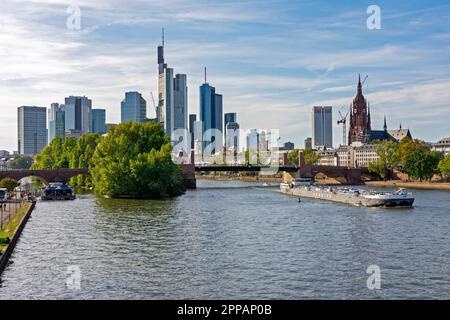 FRANKFURT, GERMANY - SEPTEMBER 15: Barge on the Main river in Frankfurt, Germany on September 15, 2019. Foto taken from Ignatz-Bubis Bridge with view Stock Photo