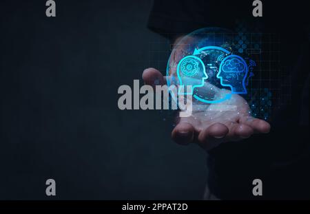 Chat with AI bot concept. Artificial intelligence chatbot assistant service with machine learning graphic, command prompt bar and digital speech talk Stock Photo