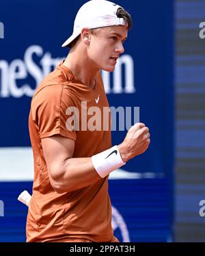 Munich, Germany. 23rd Apr, 2023. Tennis: ATP Tour - Munich, Singles, Men, Final. Rune (Denmark) - Zandschulp (Netherlands). Holger Rune reacts. Credit: Sven Hoppe/dpa/Alamy Live News Stock Photo