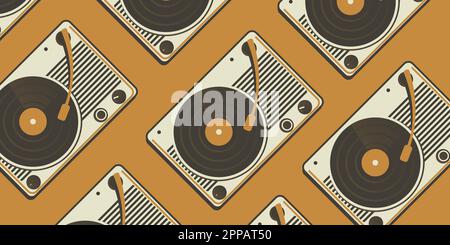 Tape recorders for playing vinyl records pattern. 70s concept Stock Vector