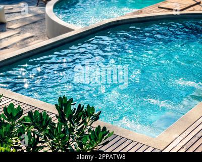 Empty curved swimming pool with clean clear water, nobody. Outdoor pool exterior with splashing water on wood plank decks near green leaves, no people Stock Photo