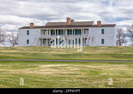 The Bachelors Officers quarters at Fort Laramie known as Old Bedlam  at Fort Laramie National Historic Site in the US state of Wyoming Stock Photo