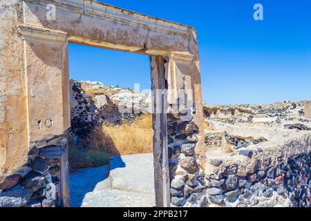 old desolate streets of quiet Episkopi Gonias.It was almost entirely destroyed by an earthquake in 1956 and abandoned for many ears,Santorini Greece Stock Photo