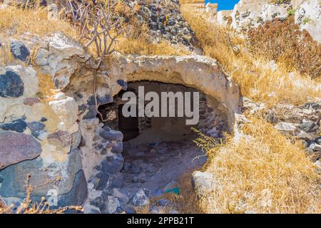 old desolate streets of quiet Episkopi Gonias.It was almost entirely destroyed by an earthquake in 1956 and abandoned for many ears,Santorini Greece Stock Photo