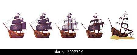 Pirate ship before and after sea battle set vector illustration. Cartoon isolated new galleon with skull and crossbones on sails and old corsair boat after shipwreck with broken deck and torn flag Stock Vector