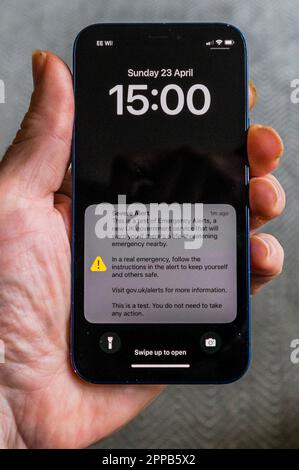 London, UK. 23rd Apr, 2023. A UK emergency alert test message is sent to all moblie phones as a test by the Government. It was sent to all switched on mobile phones and warned of a 'life threatening emergency nearby'. Credit: Guy Bell/Alamy Live News Stock Photo