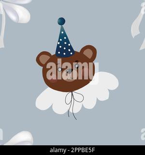 seamless pattern with repeating encounters of a bear in a festive hat with a white bow. cute stylish children's decoration for textiles and printing Stock Photo