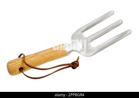 Garden fork with wooden grip isolated on white background Stock Photo