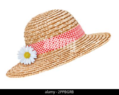 Straw hat and daisy isolated on white  background Stock Photo