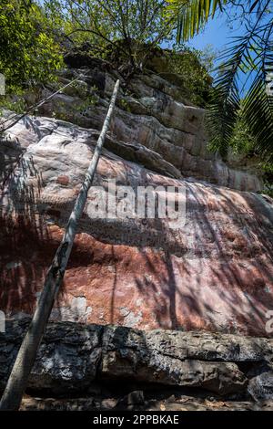 Rock paintings in Cerro Azul in the Chiribiquete National Park, a UNESCO world heritage site and an archeological jewel of Colombia, located in San Jo Stock Photo