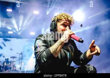 Zurich, Switzerland. 22nd Apr, 2023. The German electronicore band Electric Callboy performs a live concert at The Hall in Zürich. Here vocalist Nico Sallach is seen live on stage. (Photo Credit: Gonzales Photo/Alamy Live News Stock Photo