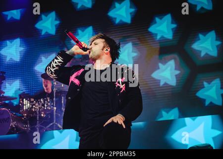 Zurich, Switzerland. 22nd Apr, 2023. The German electronicore band Electric Callboy performs a live concert at The Hall in Zürich. Here vocalist Kevin Ratajczak is seen live on stage. (Photo Credit: Gonzales Photo/Alamy Live News Stock Photo