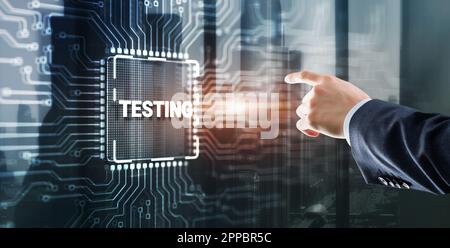 Testing Business Process. Man clicks on the inscription. Abstract design of illustrations with the inscription Testing. Stock Photo