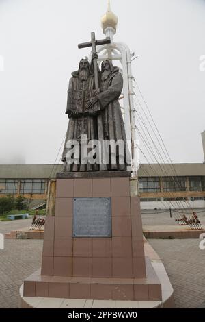 Statue of Saints Cyril and Methodius (inventors of the Cyrillic alphabet) in Vladivostok, Russia Stock Photo