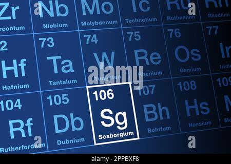 Seaborgium, on the periodic table. Radioactive, synthetic transactinide element with element symbol Sg and atomic number 106, without commercial use. Stock Photo