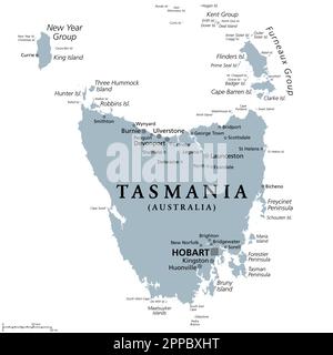 Tasmania, island state of Australia, gray political map. Located south of the Australian mainland, surrounded by thousand islands, with capital Hobart. Stock Photo