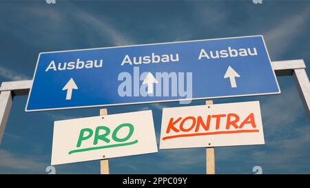 Motorway sign with the German word "Ausbau" (expansion) for the multi-lane motorway expansion in Germany and pro and contra sign in foreground Stock Photo