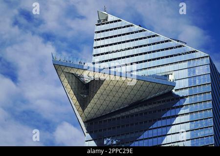 New York, NY - April 15, 2023 : Close up of The Edge observation sky deck and Climb City with tourists at 30 Hudson Yards Stock Photo