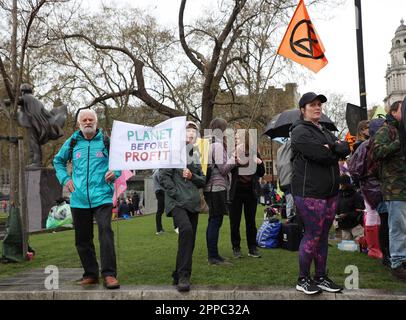 London, UK. 23rd Apr, 2023. Climate protesters stage a peaceful protest in Parliament Sq in London on Sunday, April 23, 2023. Extinction Rebellion are staging a four day protest in London ending on Monday April 24th. Photo by Hugo Philpott/U Credit: UPI/Alamy Live News Stock Photo