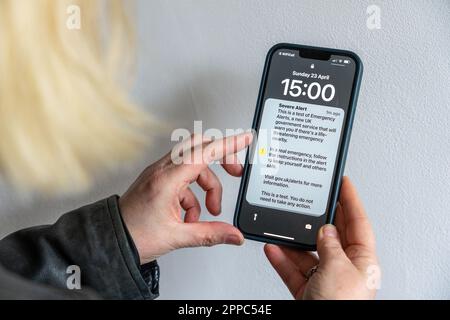 A emergency alert sent to a mobile phone at 3pm on Sunday, April 23 as UK the Government carried out a national test. The UK Emergency Alerts can be u Stock Photo