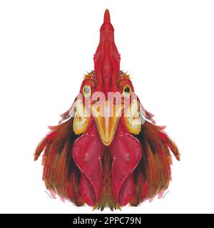 Rooster or hen head illustration on white background. Watercolor strokes. Chinese horoscope animals Stock Photo