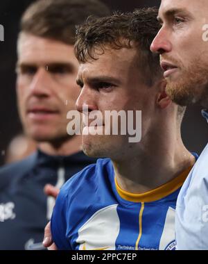 London, UK. 23rd Apr, 2023. Solly March (B&HA) dejected after missing his penalty kick at the Emirates FA Cup Semi-Final Brighton & Hove Albion v Manchester United match at Wembley Stadium, London, UK on 23rd April 2023. Credit: Paul Marriott/Alamy Live News Stock Photo