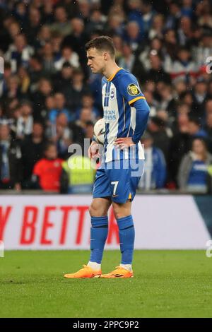 London, UK. 23rd Apr, 2023. Solly March of Brighton & Hove Albion doesn't look very confident before taking his penalty during the FA Cup Semi Final match between Brighton and Hove Albion and Manchester United at Wembley Stadium, London, England on 23 April 2023. Photo by Ken Sparks. Editorial use only, license required for commercial use. No use in betting, games or a single club/league/player publications. Credit: UK Sports Pics Ltd/Alamy Live News Stock Photo