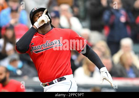 Cleveland Guardians' Josh Naylor looks on during the second inning of a  baseball game against the Miami Marlins, Sunday, April 23, 2023, in  Cleveland. (AP Photo/Nick Cammett Stock Photo - Alamy