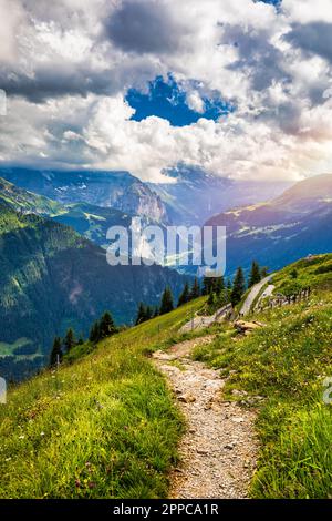 Lauterbrunnen valley with famous nature and waterfalls. Lauterbrunnen valley, Berner Oberland, Switzerland, Europe. Spectacular view of Lauterbrunnen Stock Photo