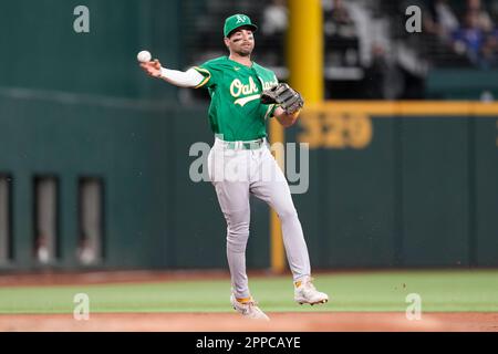 Oakland Athletics' Tyler Wade throws out Philadelphia Phillies' Josh  Harrison at first base during the fourth inning of a baseball game in  Oakland, Calif., Sunday, June 18, 2023. (AP Photo/Jeff Chiu Stock