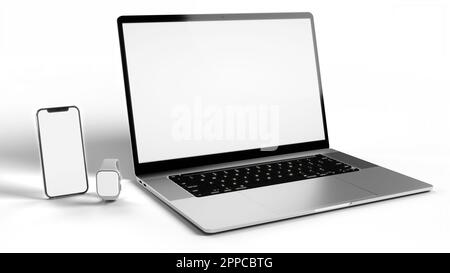 Blank screen - mockup of Laptop, smartphone, smartwatch isolated on white background high quality details -3D rendering Stock Photo