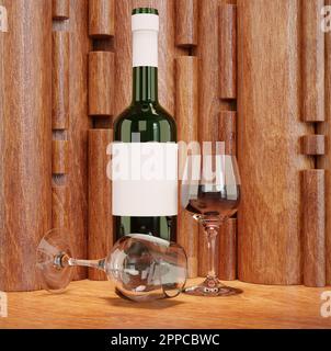 Bottle of wine with two glass and wood background high quality details - 3d rendering Stock Photo