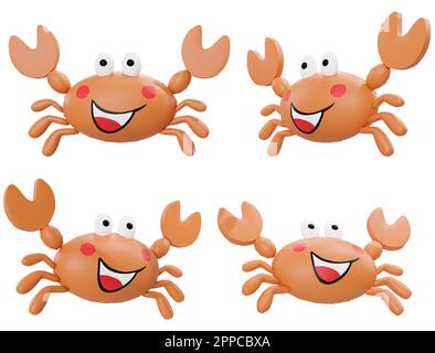 Cartoon Crab different angles isolated on white background high quality details - 3d rendering Stock Photo